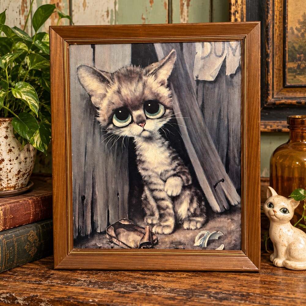 Vintage 1960s GIG Pity Kitty Big Eye Sad Tabby Cat Framed Print 18x22 MCM
